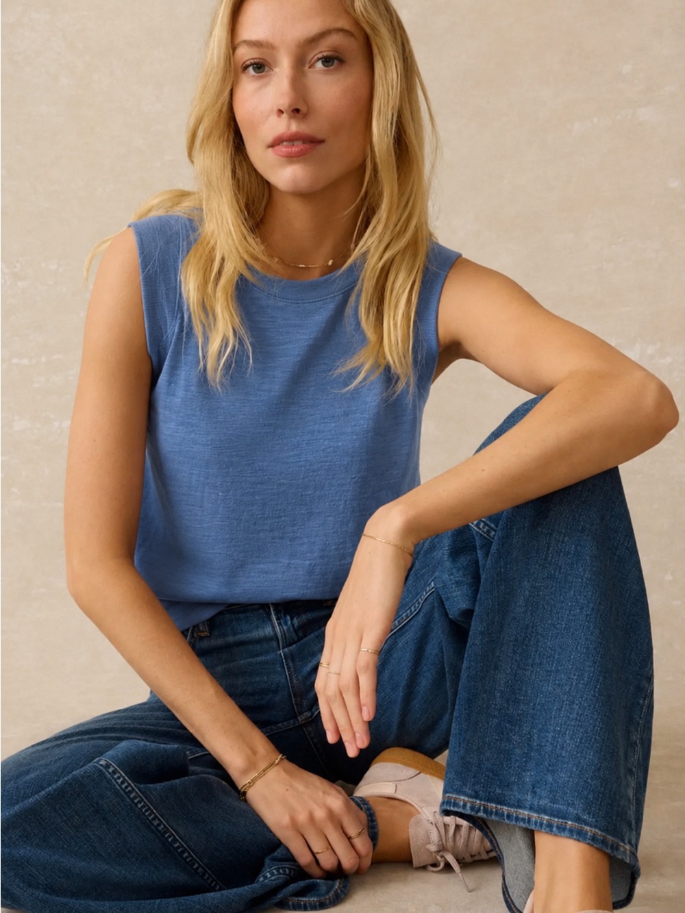 Faherty Blue L Sunwashed Slub Muscle Tank Organic Cotton Top Tee Shirt NWOT $68